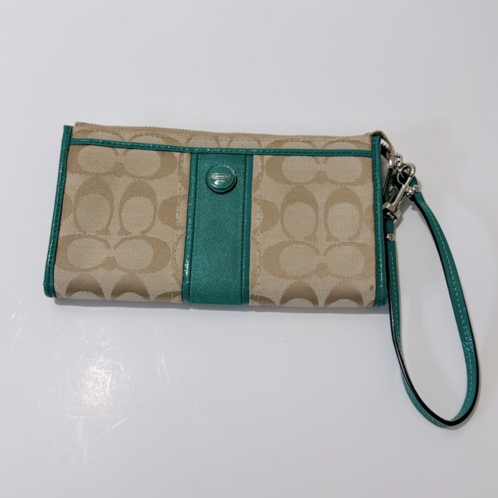 COACH Wristlet Signature C Gold Beige & Green Wallet
